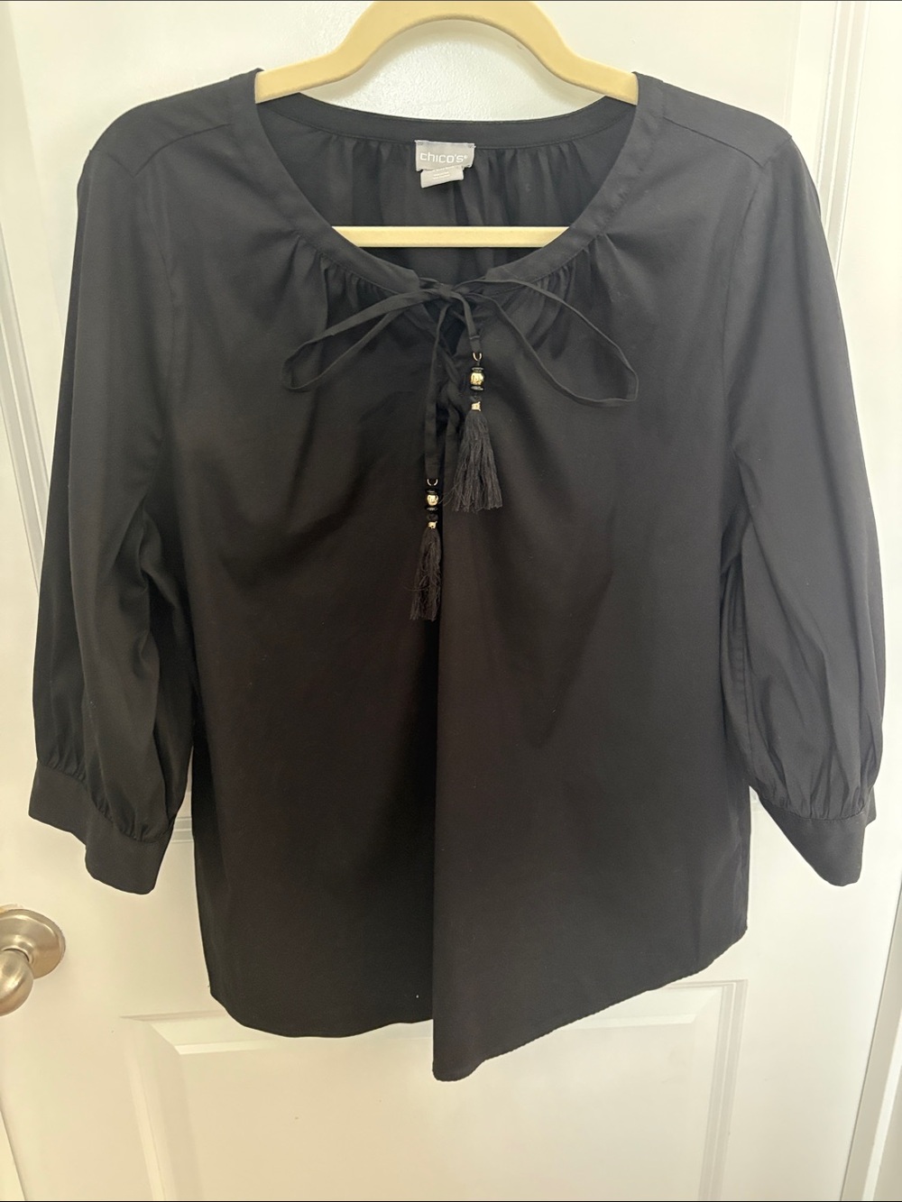 Chico's Black Tassel Tie Peasant Blouse